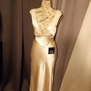 Champagne Satin Backless V-Neck Slip Dress